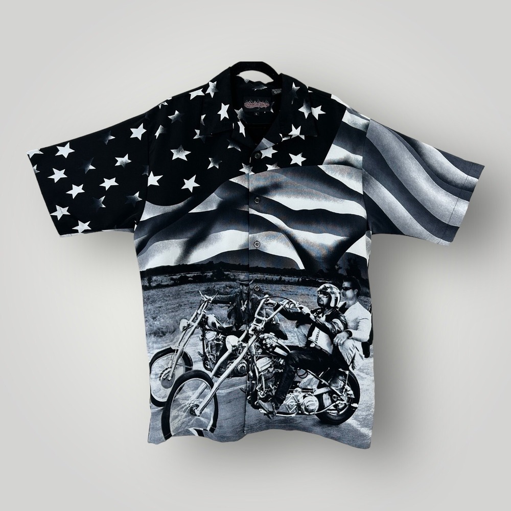 Sapphire Lounge Shirt Flag Motorcycles Black‎ White Men's Size L Vintage Y2K